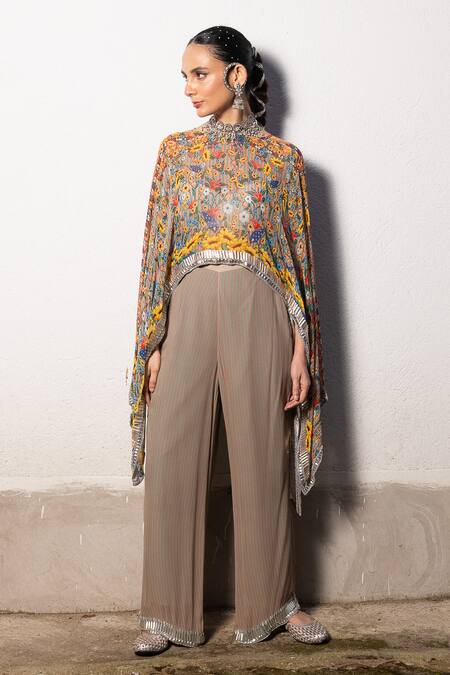 Saksham & Neharicka_Beige Georgette Beads Round Neck Floral Print Kaftan Top And Stripe Pant Set _at_Aza_Fashions