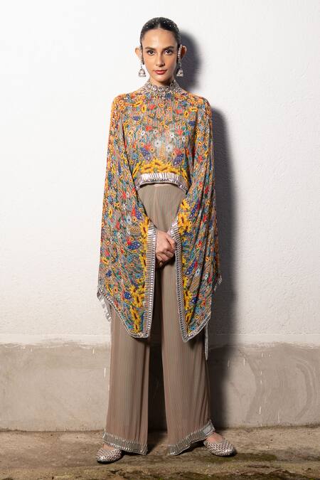 Buy_Saksham & Neharicka_Beige Georgette Beads Round Neck Floral Print Kaftan Top And Stripe Pant Set 