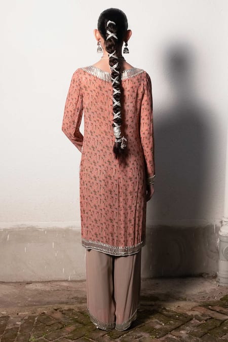 Shop Saksham & Neharicka Pink Georgette Beads, Gota Patti Round Floral Printed Kurta Set With Palazzo at Aza Fashions Shop_Saksham & Neharicka_Pink Georgette Beads, Gota Patti Round Floral Printed Kurta Set With Palazzo _at_Aza_Fashions