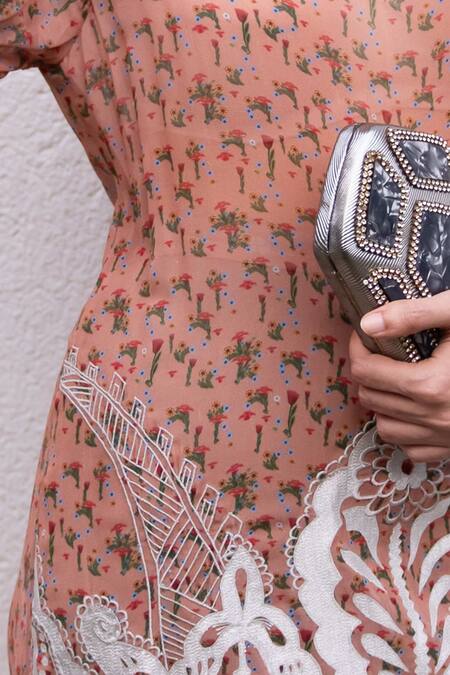 Saksham & Neharicka Pink Georgette Beads, Gota Patti Round Floral Printed Kurta Set With Palazzo Online at Aza Fashions Saksham & Neharicka_Pink Georgette Beads, Gota Patti Round Floral Printed Kurta Set With Palazzo _Online_at_Aza_Fashions