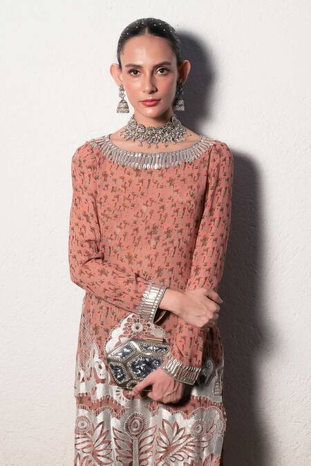 Buy Saksham & Neharicka Pink Georgette Beads, Gota Patti Round Floral Printed Kurta Set With Palazzo Online at Aza Fashions Buy_Saksham & Neharicka_Pink Georgette Beads, Gota Patti Round Floral Printed Kurta Set With Palazzo _Online_at_Aza_Fashions