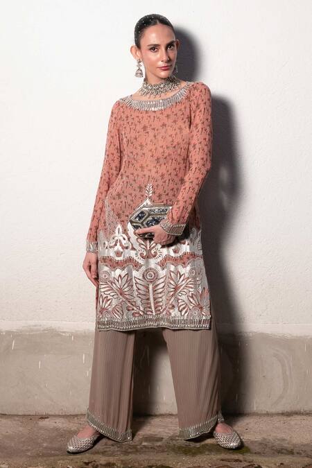 Shop Saksham & Neharicka Pink Georgette Beads, Gota Patti Round Floral Printed Kurta Set With Palazzo Online at Aza Fashions Shop_Saksham & Neharicka_Pink Georgette Beads, Gota Patti Round Floral Printed Kurta Set With Palazzo _Online_at_Aza_Fashions