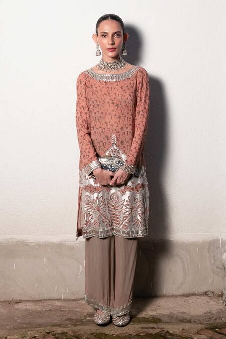 Saksham & Neharicka Pink Georgette Beads, Gota Patti Round Floral Printed Kurta Set With Palazzo at Aza Fashions Saksham & Neharicka_Pink Georgette Beads, Gota Patti Round Floral Printed Kurta Set With Palazzo _at_Aza_Fashions