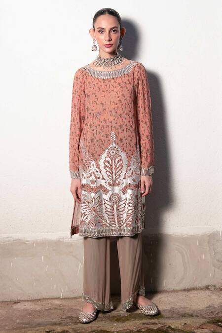 Buy Saksham & Neharicka Pink Georgette Beads, Gota Patti Round Floral Printed Kurta Set With Palazzo Buy_Saksham & Neharicka_Pink Georgette Beads, Gota Patti Round Floral Printed Kurta Set With Palazzo