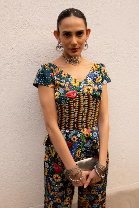 Saksham & Neharicka_Multi Color Satin, Gabardine Sequins, Embroidery Floral Print Corset Top Set _Online_at_Aza_Fashions