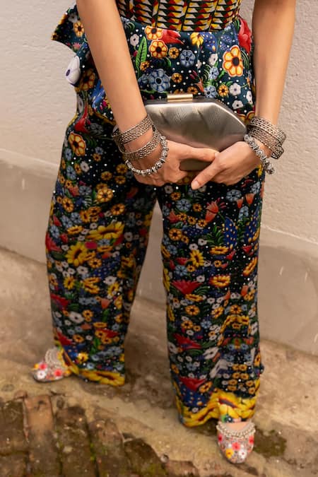 Shop_Saksham & Neharicka_Multi Color Satin, Gabardine Sequins, Embroidery Floral Print Corset Top Set _Online_at_Aza_Fashions