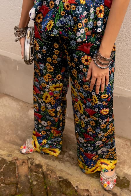 Saksham & Neharicka_Multi Color Satin, Gabardine Sequins, Embroidery Floral Print Corset Top Set _at_Aza_Fashions