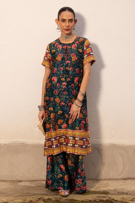 Shop Saksham & Neharicka Multi Color Cotton, Silk Embroidery Round Neck Floral Print Kurta Set at Aza Fashions Shop_Saksham & Neharicka_Multi Color Cotton, Silk Embroidery Round Neck Floral Print Kurta Set _at_Aza_Fashions