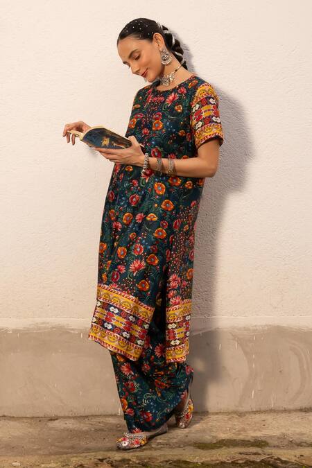 Saksham & Neharicka Multi Color Cotton, Silk Embroidery Round Neck Floral Print Kurta Set Online at Aza Fashions Saksham & Neharicka_Multi Color Cotton, Silk Embroidery Round Neck Floral Print Kurta Set _Online_at_Aza_Fashions