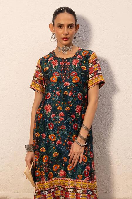 Shop Saksham & Neharicka Multi Color Cotton, Silk Embroidery Round Neck Floral Print Kurta Set Online at Aza Fashions Shop_Saksham & Neharicka_Multi Color Cotton, Silk Embroidery Round Neck Floral Print Kurta Set _Online_at_Aza_Fashions