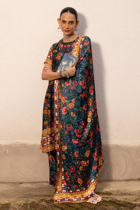 Saksham & Neharicka Multi Color Cotton, Silk Embroidery Round Neck Floral Print Kurta Set at Aza Fashions Saksham & Neharicka_Multi Color Cotton, Silk Embroidery Round Neck Floral Print Kurta Set _at_Aza_Fashions