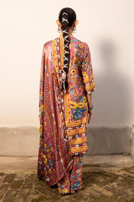 Shop Saksham & Neharicka Pink Cotton, Silk Embroidery Split V-neck Floral Print A-line Kurta Set at Aza Fashions Shop_Saksham & Neharicka_Pink Cotton, Silk Embroidery Split V-neck Floral Print A-line Kurta Set _at_Aza_Fashions