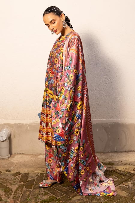 Saksham & Neharicka Pink Cotton, Silk Embroidery Split V-neck Floral Print A-line Kurta Set Online at Aza Fashions Saksham & Neharicka_Pink Cotton, Silk Embroidery Split V-neck Floral Print A-line Kurta Set _Online_at_Aza_Fashions