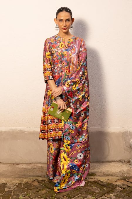 Buy Saksham & Neharicka Pink Cotton, Silk Embroidery Split V-neck Floral Print A-line Kurta Set Online at Aza Fashions Buy_Saksham & Neharicka_Pink Cotton, Silk Embroidery Split V-neck Floral Print A-line Kurta Set _Online_at_Aza_Fashions