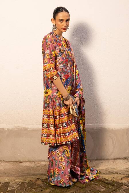 Shop Saksham & Neharicka Pink Cotton, Silk Embroidery Split V-neck Floral Print A-line Kurta Set Online at Aza Fashions Shop_Saksham & Neharicka_Pink Cotton, Silk Embroidery Split V-neck Floral Print A-line Kurta Set _Online_at_Aza_Fashions