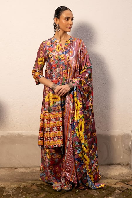 Buy Saksham & Neharicka Pink Cotton, Silk Embroidery Split V-neck Floral Print A-line Kurta Set Buy_Saksham & Neharicka_Pink Cotton, Silk Embroidery Split V-neck Floral Print A-line Kurta Set