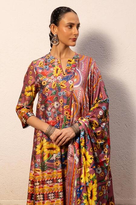 Shop Saksham & Neharicka Pink Cotton, Silk Embroidery Split V-neck Floral Print A-line Kurta Set Shop_Saksham & Neharicka_Pink Cotton, Silk Embroidery Split V-neck Floral Print A-line Kurta Set