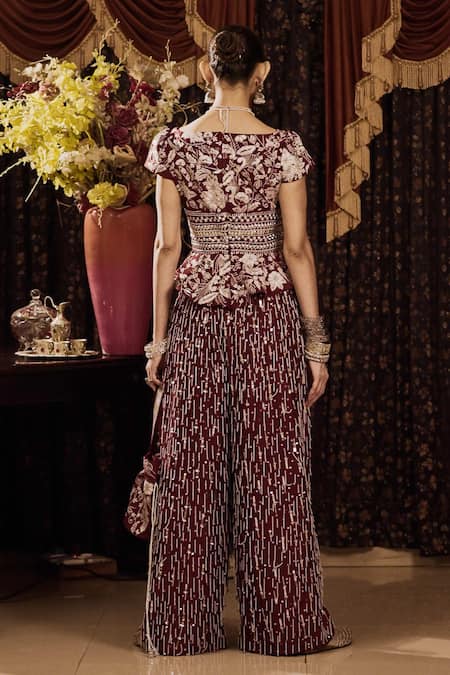 Shop Saksham & Neharicka Maroon Cotton, Silk Gota Patti, Zari, Embroidery V-neck Peplum Kurta Set at Aza Fashions Shop_Saksham & Neharicka_Maroon Cotton, Silk Gota Patti, Zari, Embroidery V-neck Peplum Kurta Set _at_Aza_Fashions