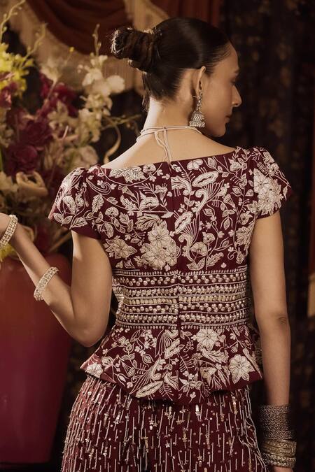 Saksham & Neharicka Maroon Cotton, Silk Gota Patti, Zari, Embroidery V-neck Peplum Kurta Set Online at Aza Fashions Saksham & Neharicka_Maroon Cotton, Silk Gota Patti, Zari, Embroidery V-neck Peplum Kurta Set _Online_at_Aza_Fashions