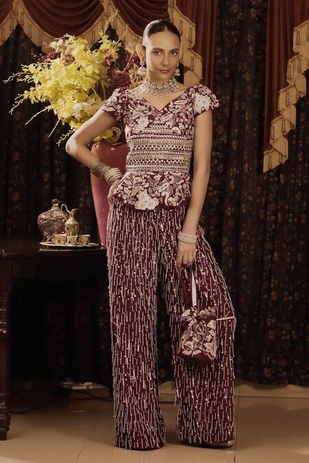 Buy Saksham & Neharicka Maroon Cotton, Silk Gota Patti, Zari, Embroidery V-neck Peplum Kurta Set Online at Aza Fashions Buy_Saksham & Neharicka_Maroon Cotton, Silk Gota Patti, Zari, Embroidery V-neck Peplum Kurta Set _Online_at_Aza_Fashions