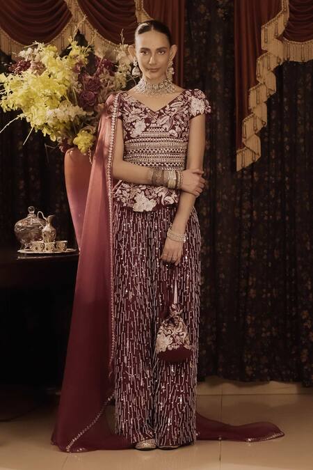 Saksham & Neharicka Maroon Cotton, Silk Gota Patti, Zari, Embroidery V-neck Peplum Kurta Set at Aza Fashions Saksham & Neharicka_Maroon Cotton, Silk Gota Patti, Zari, Embroidery V-neck Peplum Kurta Set _at_Aza_Fashions