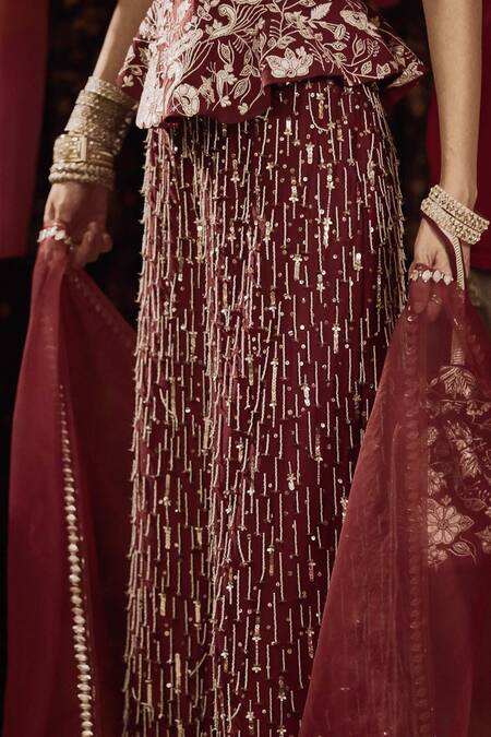 Buy Saksham & Neharicka Maroon Cotton, Silk Gota Patti, Zari, Embroidery V-neck Peplum Kurta Set Buy_Saksham & Neharicka_Maroon Cotton, Silk Gota Patti, Zari, Embroidery V-neck Peplum Kurta Set