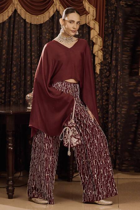 Saksham & Neharicka Maroon Cotton Silk And Satin Hand Embroidery Aari V Neck Top & Palazzo Set Online at Aza Fashions Saksham & Neharicka_Maroon Cotton Silk And Satin Hand Embroidery Aari V Neck Top & Palazzo Set _Online_at_Aza_Fashions