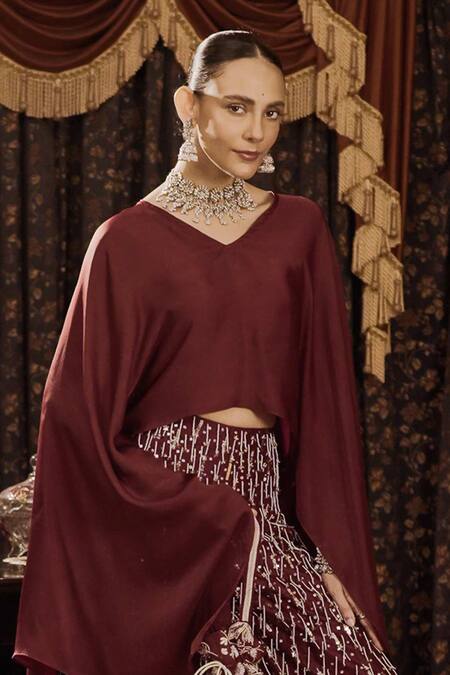 Buy Saksham & Neharicka Maroon Cotton Silk And Satin Hand Embroidery Aari V Neck Top & Palazzo Set Online at Aza Fashions Buy_Saksham & Neharicka_Maroon Cotton Silk And Satin Hand Embroidery Aari V Neck Top & Palazzo Set _Online_at_Aza_Fashions