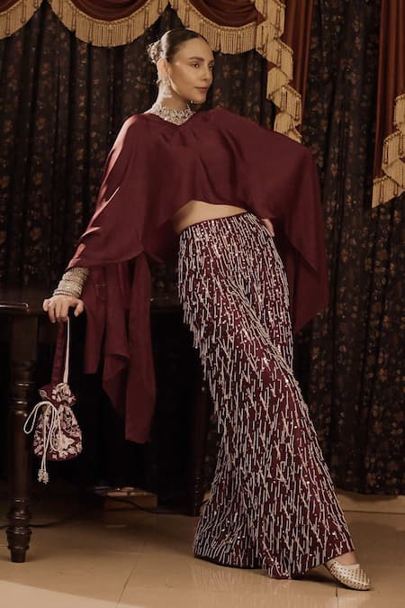 Shop Saksham & Neharicka Maroon Cotton Silk And Satin Hand Embroidery Aari V Neck Top & Palazzo Set Online at Aza Fashions Shop_Saksham & Neharicka_Maroon Cotton Silk And Satin Hand Embroidery Aari V Neck Top & Palazzo Set _Online_at_Aza_Fashions