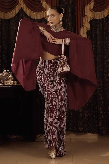 Saksham & Neharicka Maroon Cotton Silk And Satin Hand Embroidery Aari V Neck Top & Palazzo Set at Aza Fashions Saksham & Neharicka_Maroon Cotton Silk And Satin Hand Embroidery Aari V Neck Top & Palazzo Set _at_Aza_Fashions