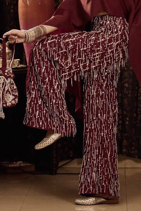 Buy Saksham & Neharicka Maroon Cotton Silk And Satin Hand Embroidery Aari V Neck Top & Palazzo Set Buy_Saksham & Neharicka_Maroon Cotton Silk And Satin Hand Embroidery Aari V Neck Top & Palazzo Set