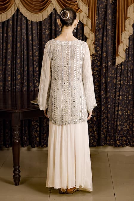 Shop Saksham & Neharicka Ivory Chiffon Gota Patti, Embroidery Boat Neck Applique Kurta Set at Aza Fashions Shop_Saksham & Neharicka_Ivory Chiffon Gota Patti, Embroidery Boat Neck Applique Kurta Set _at_Aza_Fashions