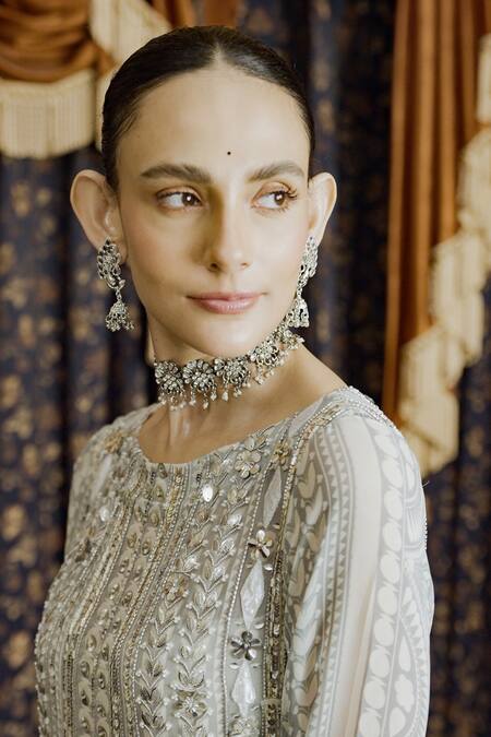 Saksham & Neharicka Ivory Chiffon Gota Patti, Embroidery Boat Neck Applique Kurta Set Online at Aza Fashions Saksham & Neharicka_Ivory Chiffon Gota Patti, Embroidery Boat Neck Applique Kurta Set _Online_at_Aza_Fashions