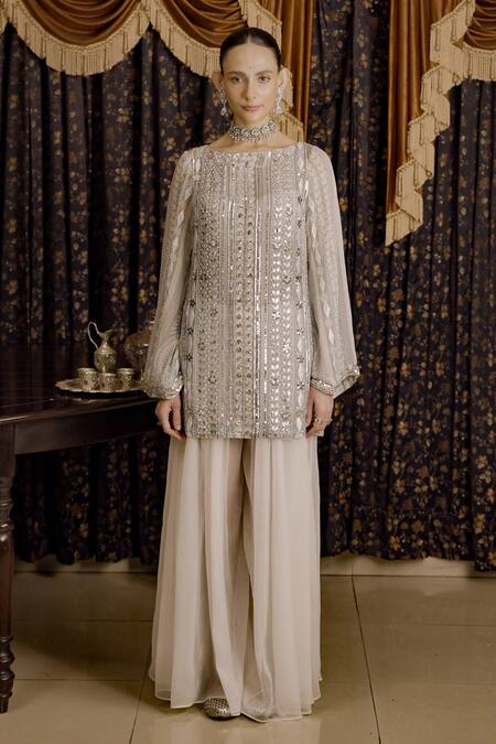 Buy Saksham & Neharicka Ivory Chiffon Gota Patti, Embroidery Boat Neck Applique Kurta Set Online at Aza Fashions Buy_Saksham & Neharicka_Ivory Chiffon Gota Patti, Embroidery Boat Neck Applique Kurta Set _Online_at_Aza_Fashions