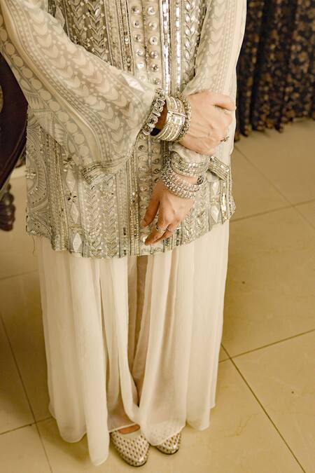 Shop Saksham & Neharicka Ivory Chiffon Gota Patti, Embroidery Boat Neck Applique Kurta Set Online at Aza Fashions Shop_Saksham & Neharicka_Ivory Chiffon Gota Patti, Embroidery Boat Neck Applique Kurta Set _Online_at_Aza_Fashions