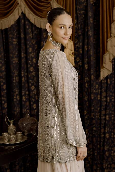 Saksham & Neharicka Ivory Chiffon Gota Patti, Embroidery Boat Neck Applique Kurta Set at Aza Fashions Saksham & Neharicka_Ivory Chiffon Gota Patti, Embroidery Boat Neck Applique Kurta Set _at_Aza_Fashions