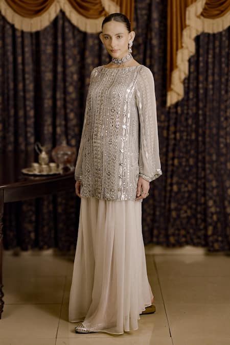 Buy Saksham & Neharicka Ivory Chiffon Gota Patti, Embroidery Boat Neck Applique Kurta Set Buy_Saksham & Neharicka_Ivory Chiffon Gota Patti, Embroidery Boat Neck Applique Kurta Set