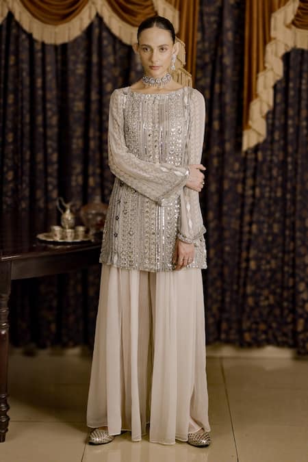 Shop Saksham & Neharicka Ivory Chiffon Gota Patti, Embroidery Boat Neck Applique Kurta Set Shop_Saksham & Neharicka_Ivory Chiffon Gota Patti, Embroidery Boat Neck Applique Kurta Set