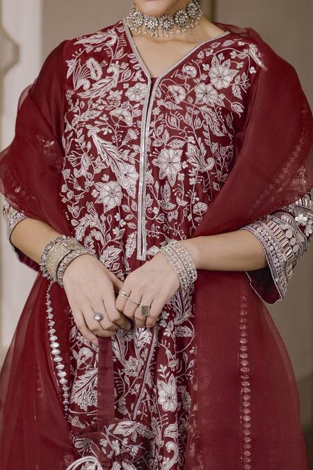 Shop Saksham & Neharicka Maroon Cotton, Silk, Organza Gota Patti, Zari, Embroidery V-neck Aari Kurta Set Online at Aza Fashions Shop_Saksham & Neharicka_Maroon Cotton, Silk, Organza Gota Patti, Zari, Embroidery V-neck Aari Kurta Set _Online_at_Aza_Fashions