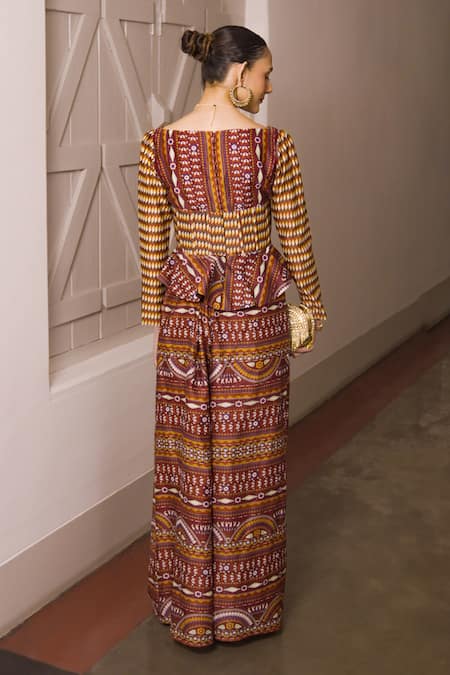 Shop_Saksham & Neharicka_Maroon Cotton, Silk V-neck Geometric Print Pant Set _at_Aza_Fashions