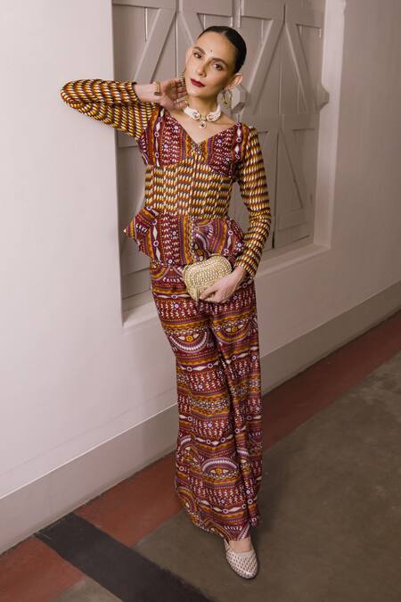 Buy_Saksham & Neharicka_Maroon Cotton, Silk V-neck Geometric Print Pant Set _Online_at_Aza_Fashions