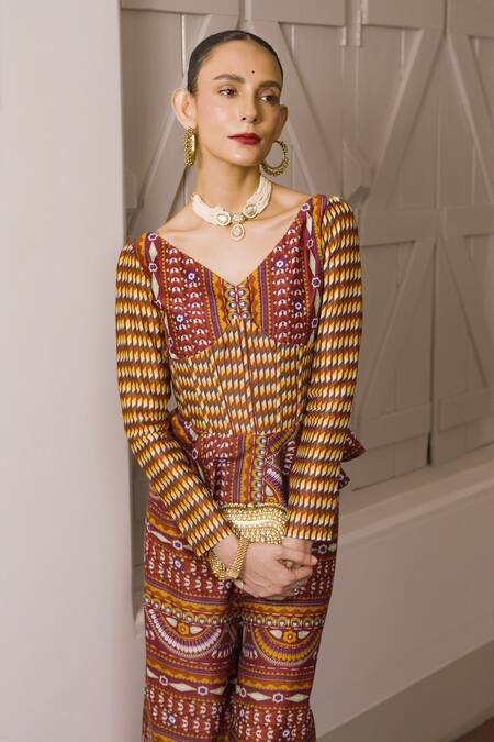 Shop_Saksham & Neharicka_Maroon Cotton, Silk V-neck Geometric Print Pant Set _Online_at_Aza_Fashions
