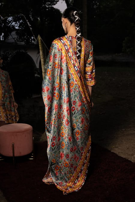 Shop Saksham & Neharicka Gray Cotton, Silk Embroidery Round Neck Floral Printed Kurta Set With Dupatta at Aza Fashions Shop_Saksham & Neharicka_Gray Cotton, Silk Embroidery Round Neck Floral Printed Kurta Set With Dupatta _at_Aza_Fashions