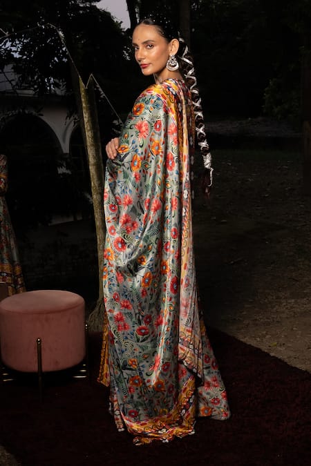 Saksham & Neharicka Gray Cotton, Silk Embroidery Round Neck Floral Printed Kurta Set With Dupatta Online at Aza Fashions Saksham & Neharicka_Gray Cotton, Silk Embroidery Round Neck Floral Printed Kurta Set With Dupatta _Online_at_Aza_Fashions