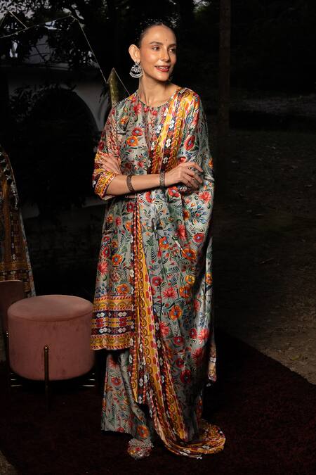 Buy Saksham & Neharicka Gray Cotton, Silk Embroidery Round Neck Floral Printed Kurta Set With Dupatta Online at Aza Fashions Buy_Saksham & Neharicka_Gray Cotton, Silk Embroidery Round Neck Floral Printed Kurta Set With Dupatta _Online_at_Aza_Fashions