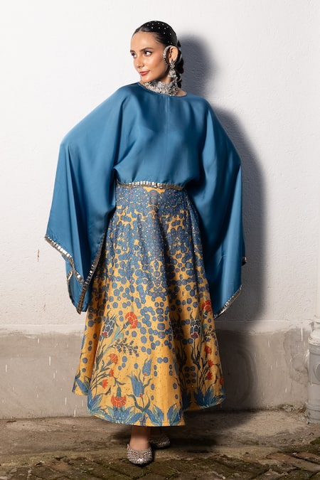 Buy_Saksham & Neharicka_Multi Color Satin, Cotton Sequins, Floral Print Kaftan Top And Skirt Set _Online_at_Aza_Fashions