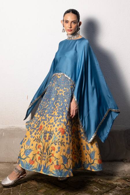 Shop_Saksham & Neharicka_Multi Color Satin, Cotton Sequins, Floral Print Kaftan Top And Skirt Set _Online_at_Aza_Fashions