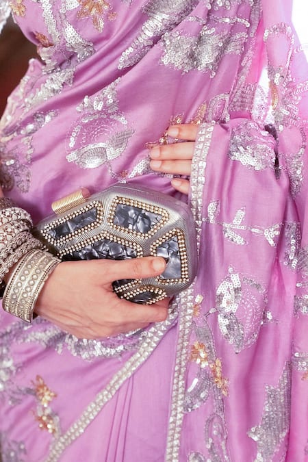 Saksham & Neharicka_Purple Cotton, Silk Embroidery, Sequins, Zari Floral Saree And Unstitched Blouse _Online_at_Aza_Fashions