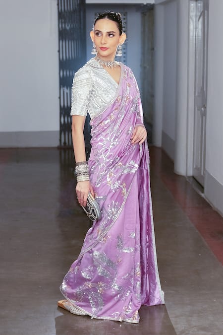 Buy_Saksham & Neharicka_Purple Cotton, Silk Embroidery, Sequins, Zari Floral Saree And Unstitched Blouse 