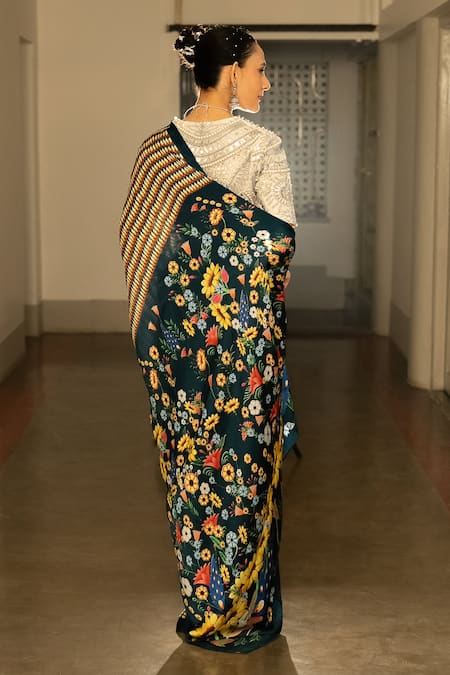 Shop Saksham & Neharicka Multi Color Satin Embroidery Floral Geometric Printed Saree at Aza Fashions Shop_Saksham & Neharicka_Multi Color Satin Embroidery Floral Geometric Printed Saree _at_Aza_Fashions